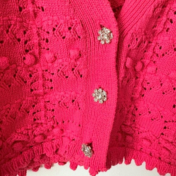 Zara Rhinestone Pointelle Knit Cropped Cardigan Sweater Fushia Pink Size Small - Picture 4 of 8
